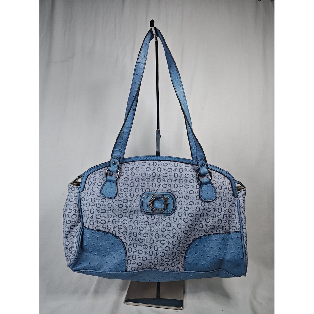 NWT GUESS Parissa Dome Satchel Handbag Blue Denim Monogram Faux Ostrich SV413207